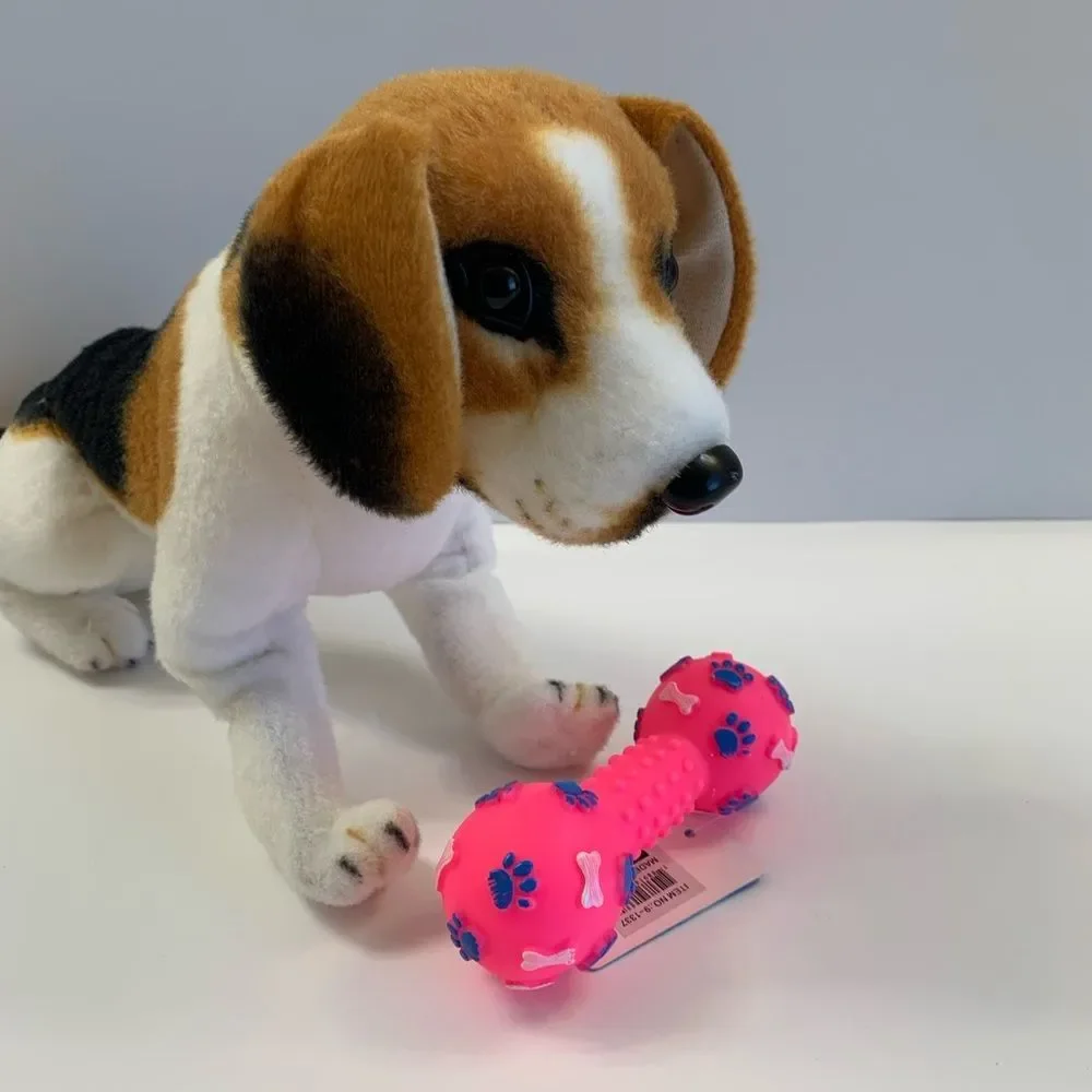 Pet- Squeaky Toy- Dumbbell W/ Paw Prints - Various Colors